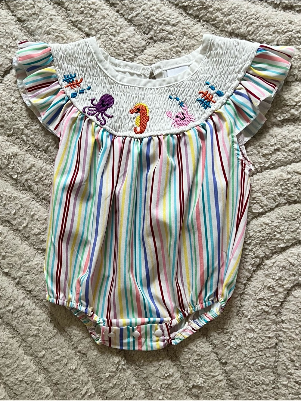 3-6 Month Smocked Rainbow Stripe Baby Romper with Sea Animal Embroidery